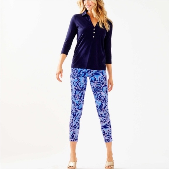 Lilly Pulitzer Shirt Ansley Polo Top True Navy Blue Button Placket Pima Cotton L - Picture 9 of 10